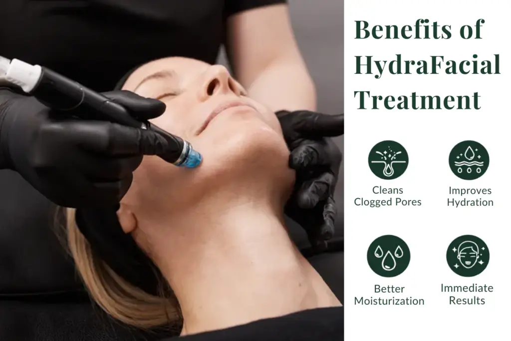 HydraFacial treatment benefits including deep cleansing, hydration, and improved skin texture