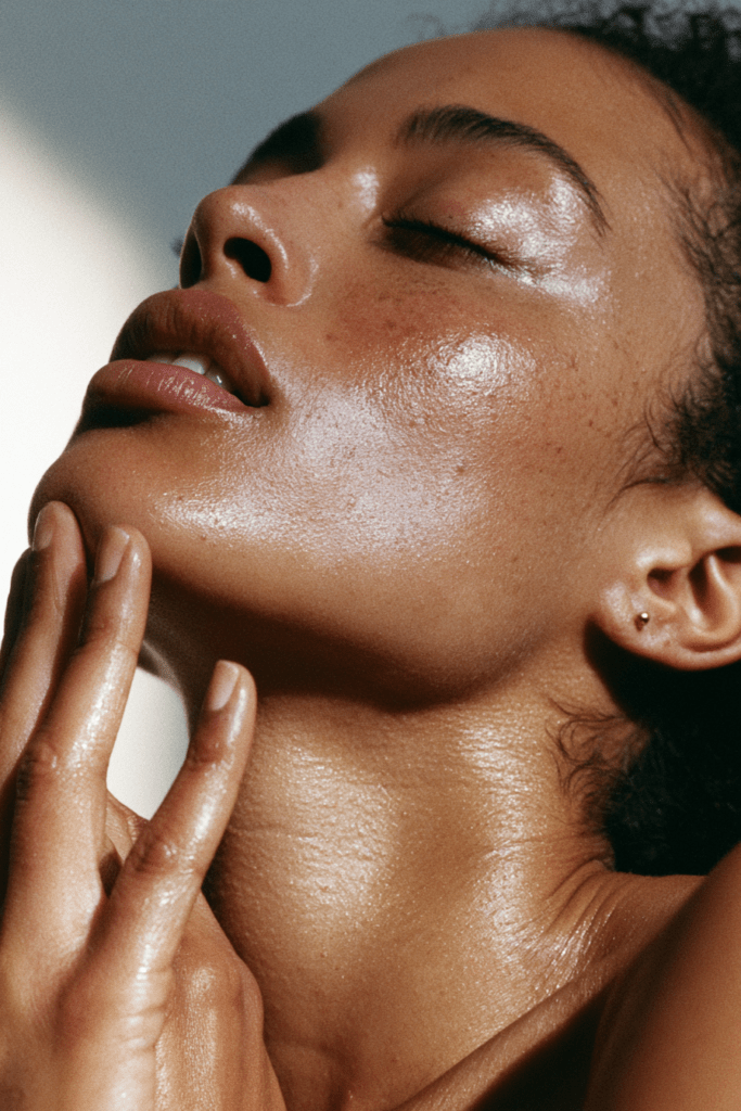 Woman in her 30s with hand on chin feeling for hairs post electrolysis session