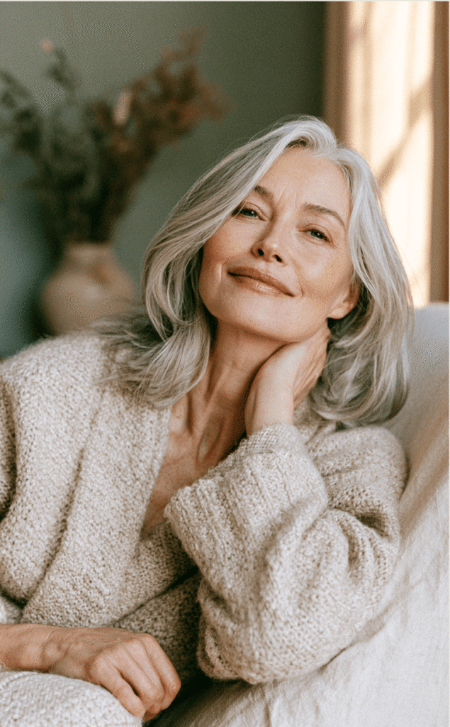 Woman in her 50s with hand on neck feeling for hairs post electrolysis session